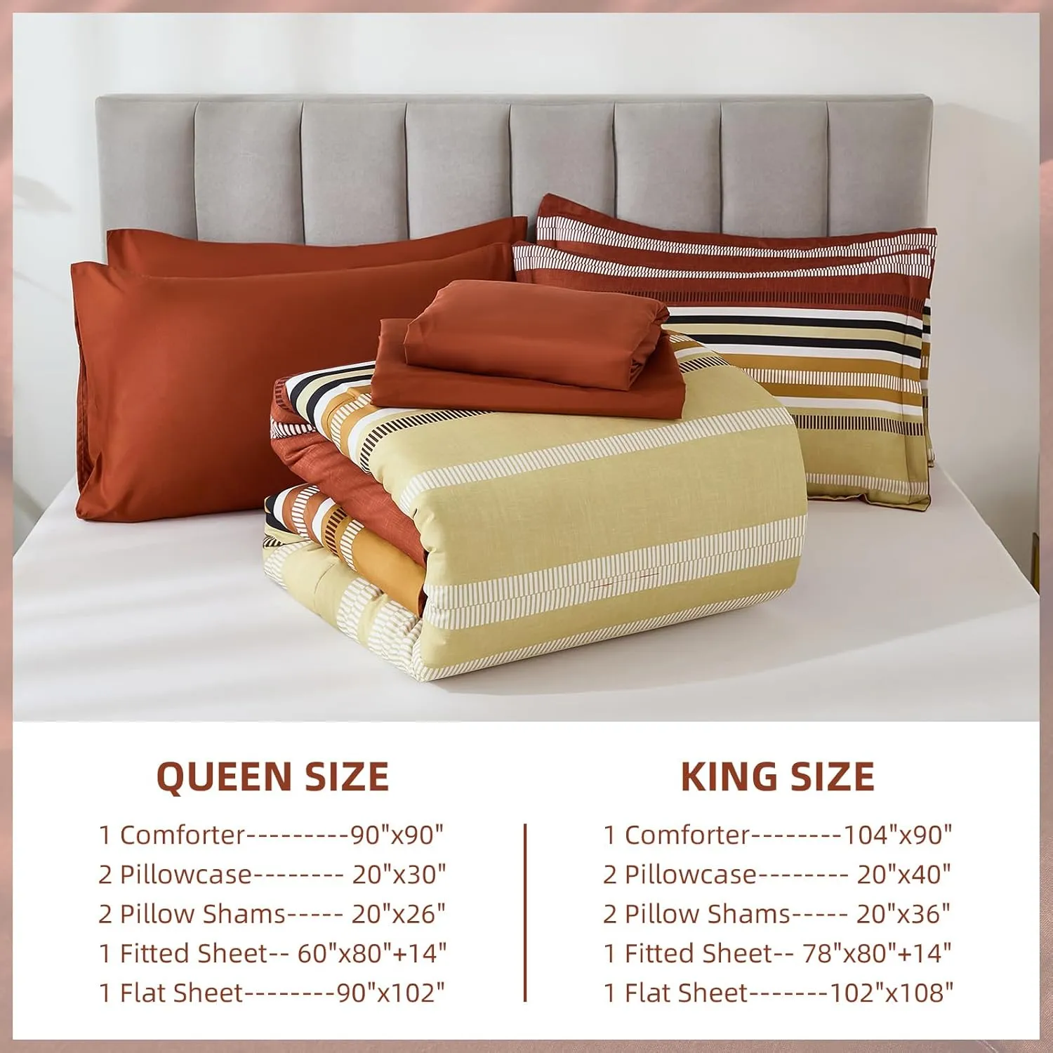 Dobuyly Boho Queen Comforter Set 7 Pieces, Terracotta Comforter Bed in a Bag Queen Size, Soft Microfiber All Season Brunt Orange Bedding Set with Comforter, Sheets, Pillowcases & Shams
