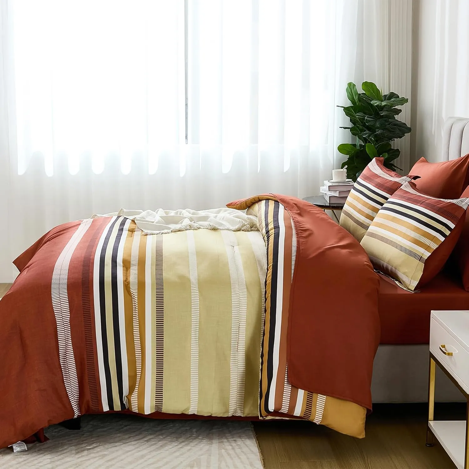 Dobuyly Boho Queen Comforter Set 7 Pieces, Terracotta Comforter Bed in a Bag Queen Size, Soft Microfiber All Season Brunt Orange Bedding Set with Comforter, Sheets, Pillowcases & Shams