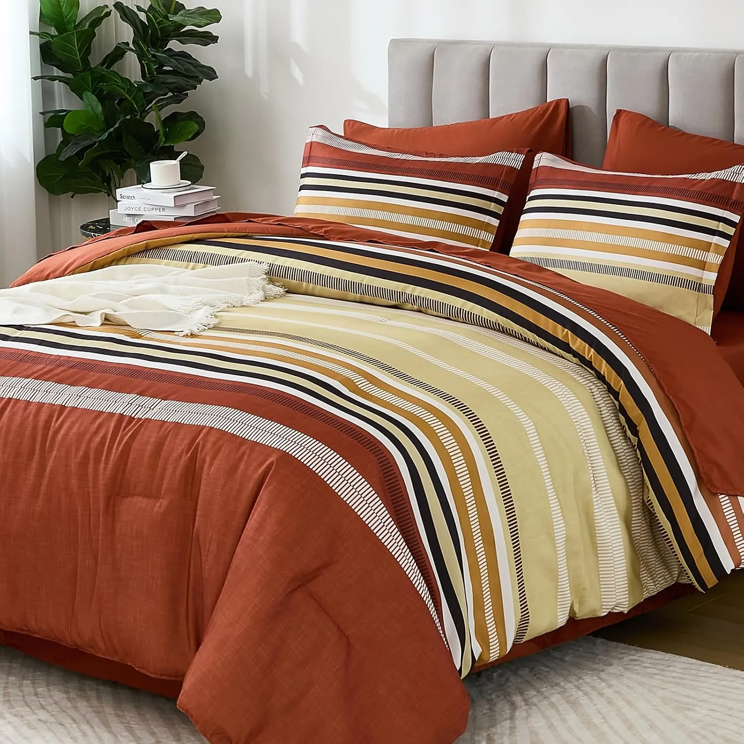 Dobuyly Boho Queen Comforter Set 7 Pieces, Terracotta Comforter Bed in a Bag Queen Size, Soft Microfiber All Season Brunt Orange Bedding Set with Comforter, Sheets, Pillowcases & Shams