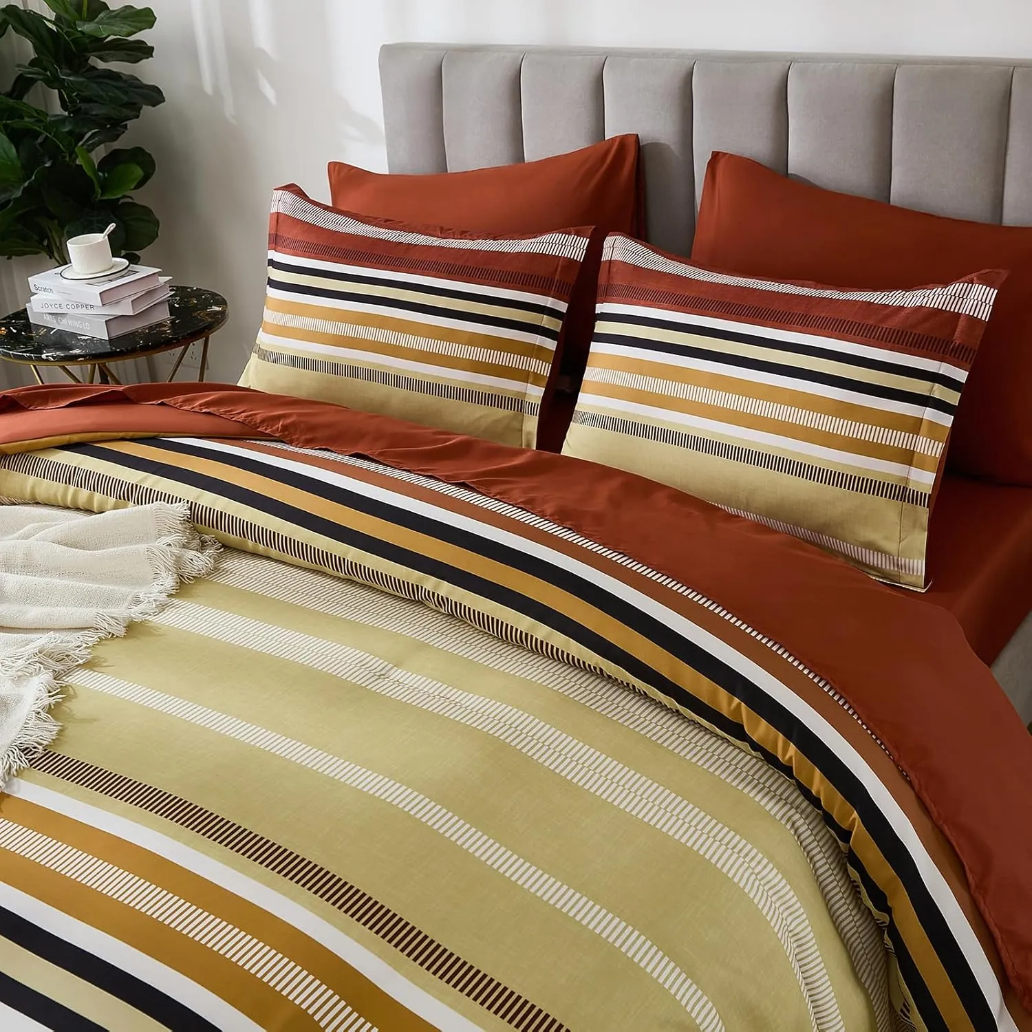 Dobuyly Boho Queen Comforter Set 7 Pieces, Terracotta Comforter Bed in a Bag Queen Size, Soft Microfiber All Season Brunt Orange Bedding Set with Comforter, Sheets, Pillowcases & Shams