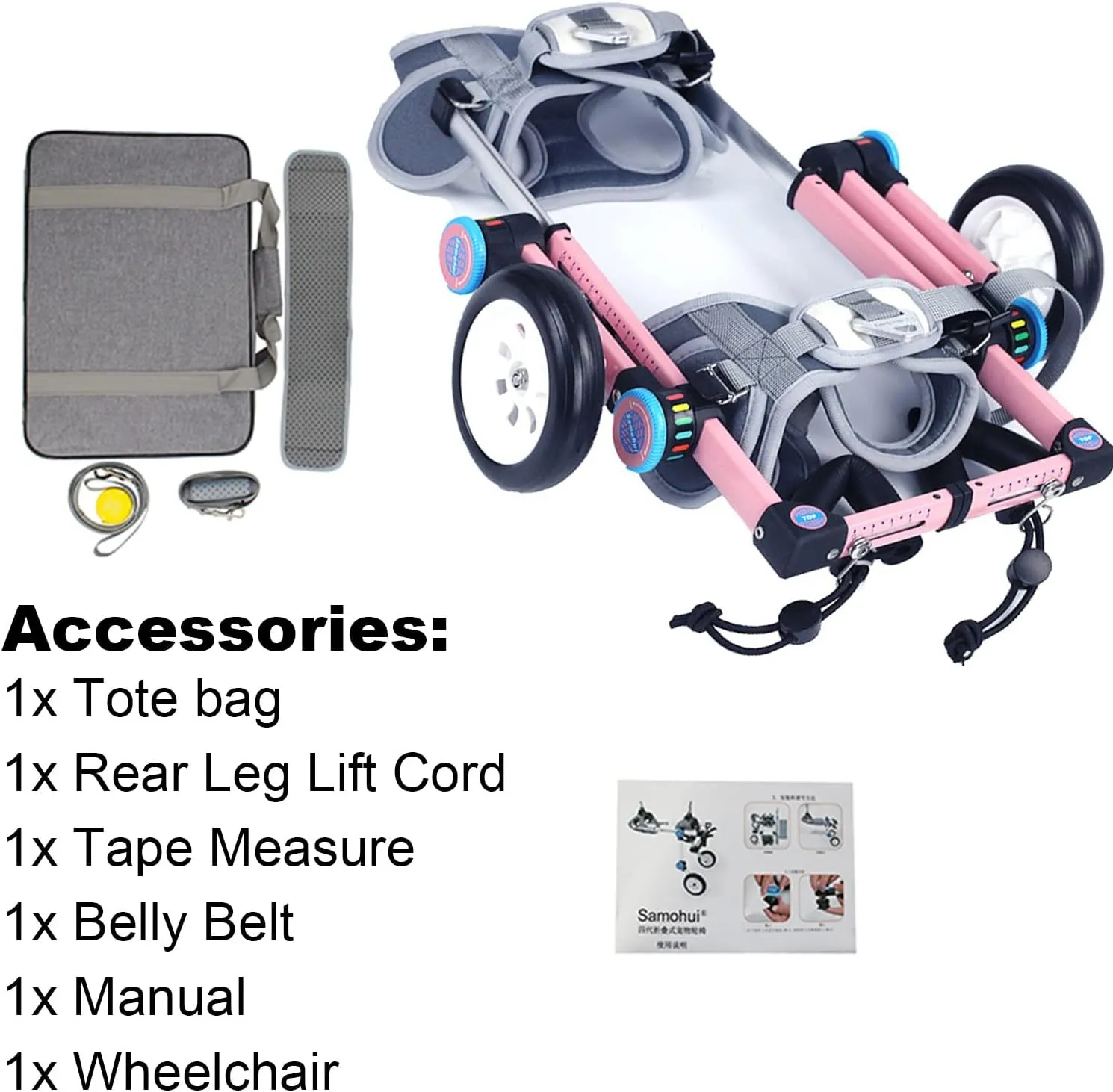Dog Wheelchair, Dog Leg Brace Support, Dog Large Small Medium Wheelchair Cart, with Dog Leash & Handbag & Back Leg Pull Leash, Disabled Dogs Cat Rehabilitation Walk Car, Pink