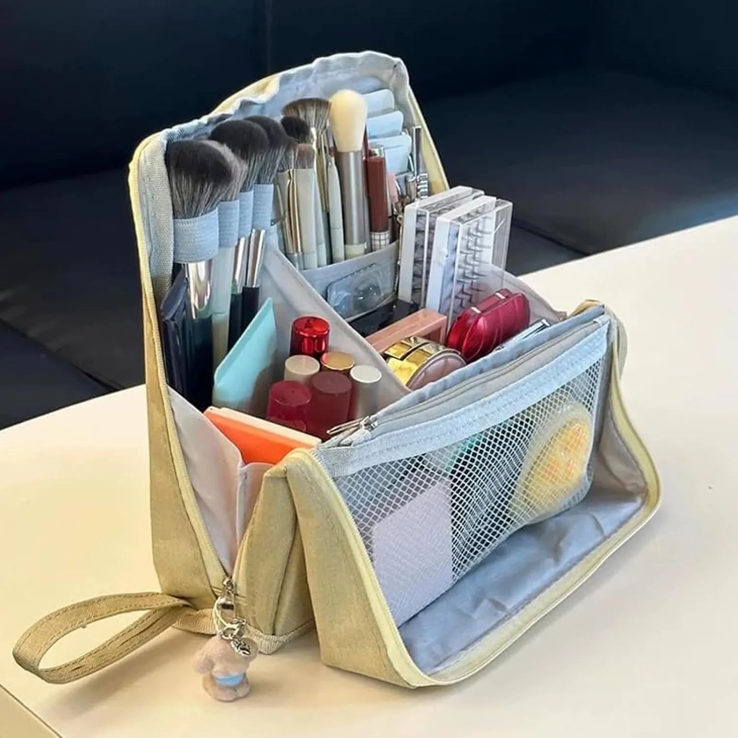 Doresty Standing Makeup Bag, Portable Large Capacity Vertical Makeup Organizer Bag, Multi-purpose Waterproof Makeup Bag with Compartments, for Home or Travel (Black)