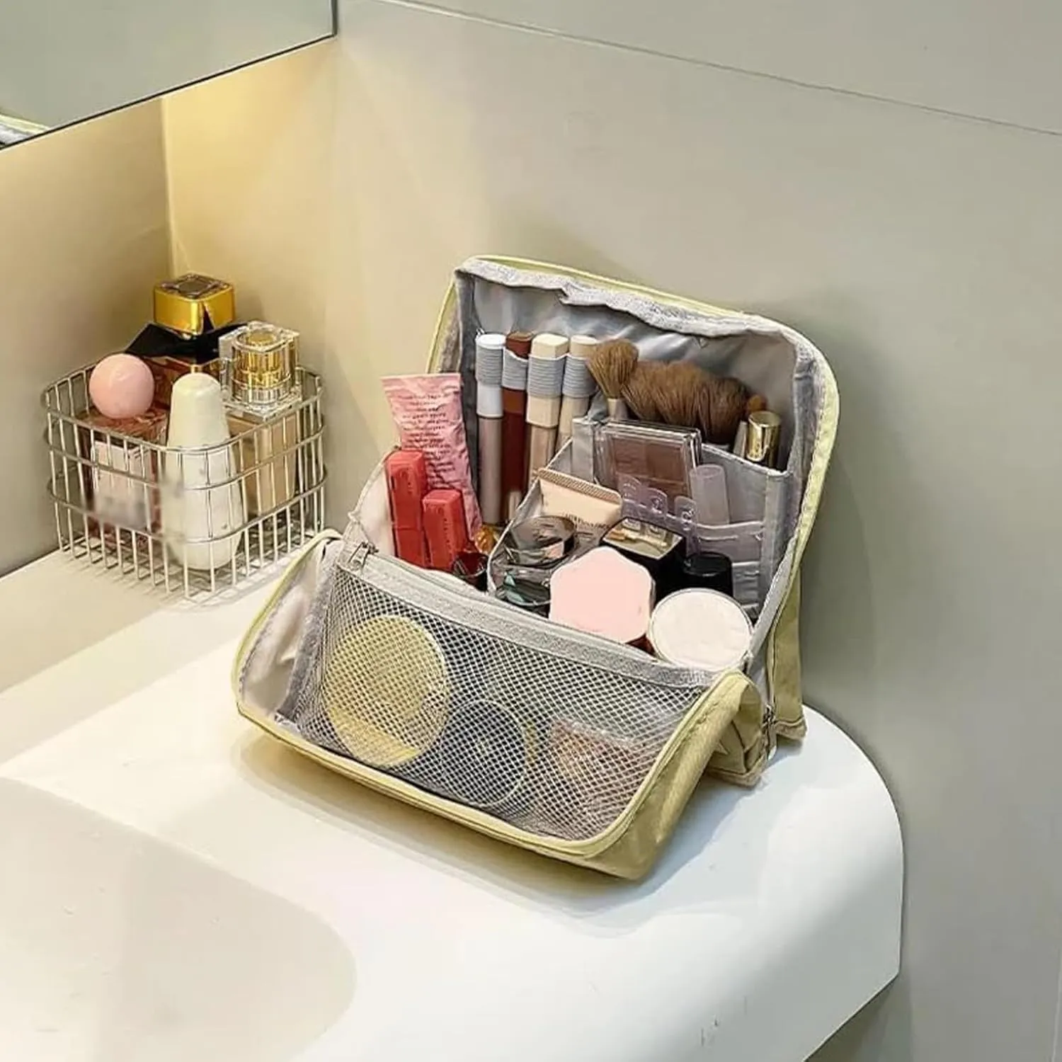 Doresty Standing Makeup Bag, Portable Large Capacity Vertical Makeup Organizer Bag, Multi-purpose Waterproof Makeup Bag with Compartments, for Home or Travel (Black)