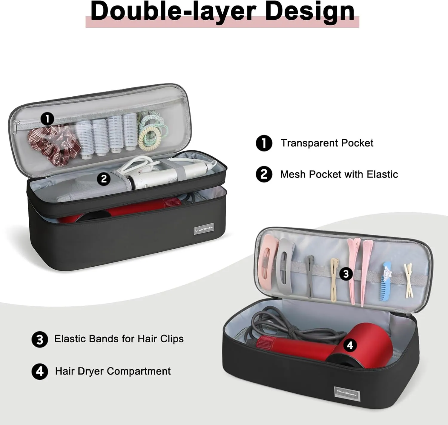 Double-Layer Travel Carrying Case Portable Storage Organizer Bag for Women, Compatible with Revlon One-Step Hair Dryer and Volumizer Hot Air Brush and Attachments Scandihome Series (Bag Only)