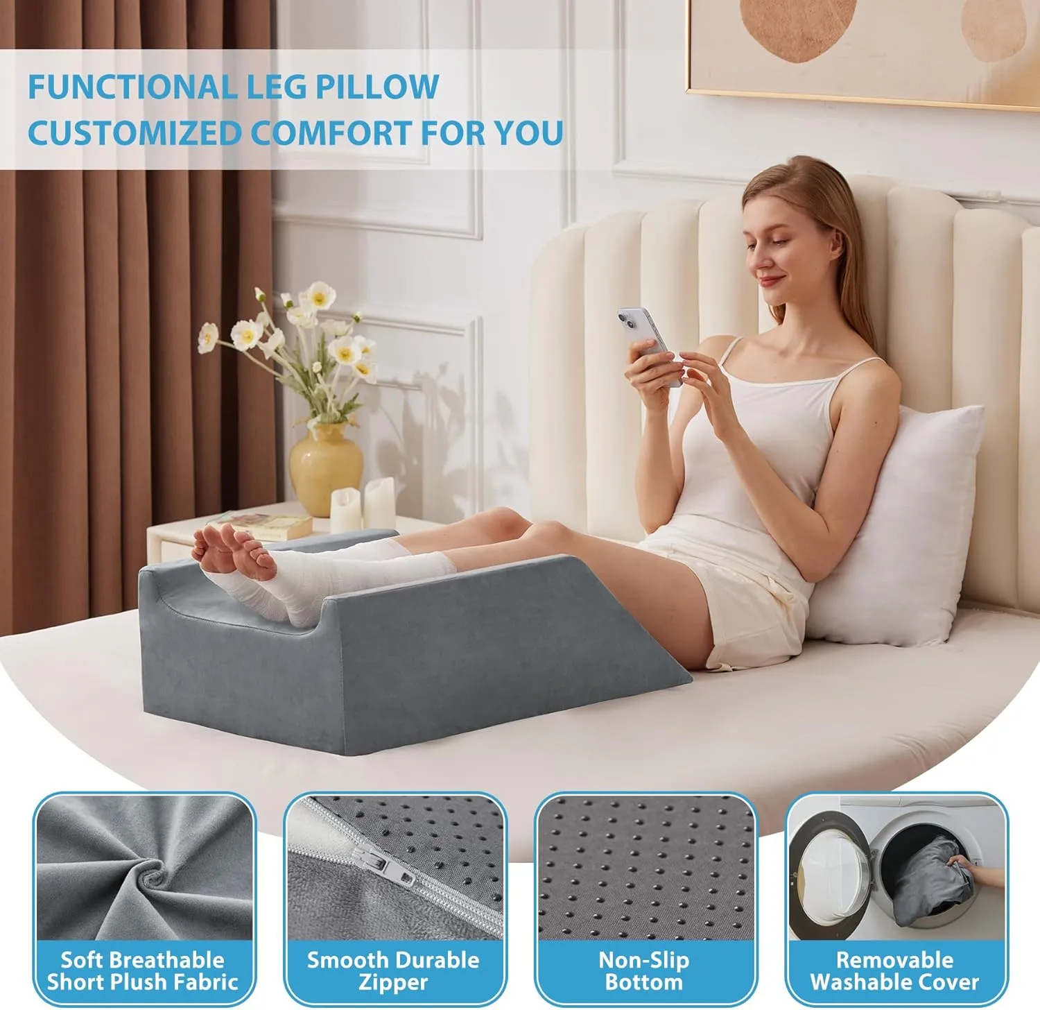 Double Leg Elevation Pillows for After Surgery, Memory Foam Leg Elevating Pillow, Leg Pillow Elevation Blood Circulation, Knee Pillow Wedge Pillow for Back Knee Hip Ankle Pain Relief, Grey