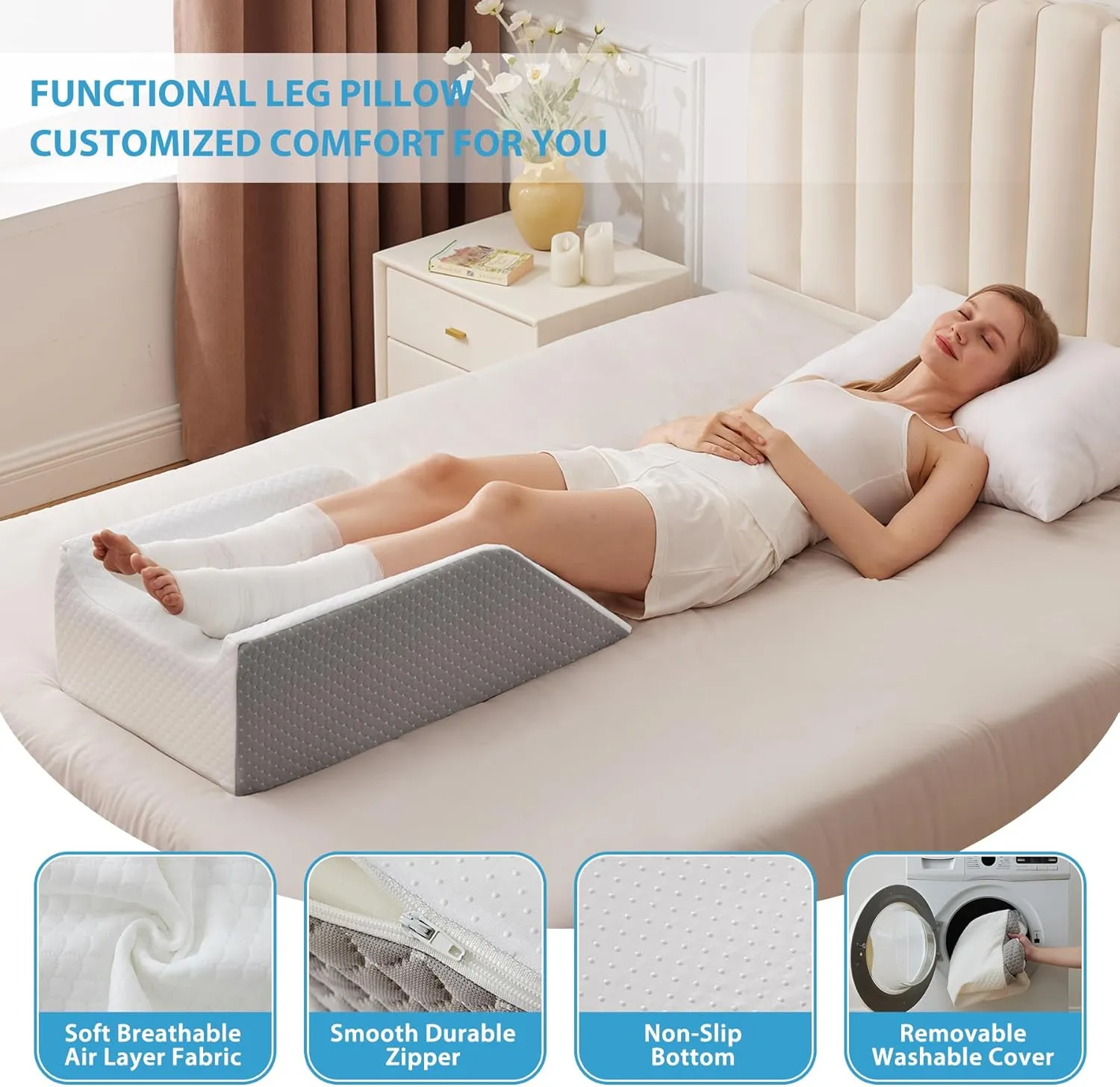 Double Leg Elevation Pillows for After Surgery, Memory Foam Leg Elevating Pillow, Leg Pillow Elevation Blood Circulation, Knee Pillow Wedge Pillow for Back Knee Hip Ankle Pain Relief, White/Grey