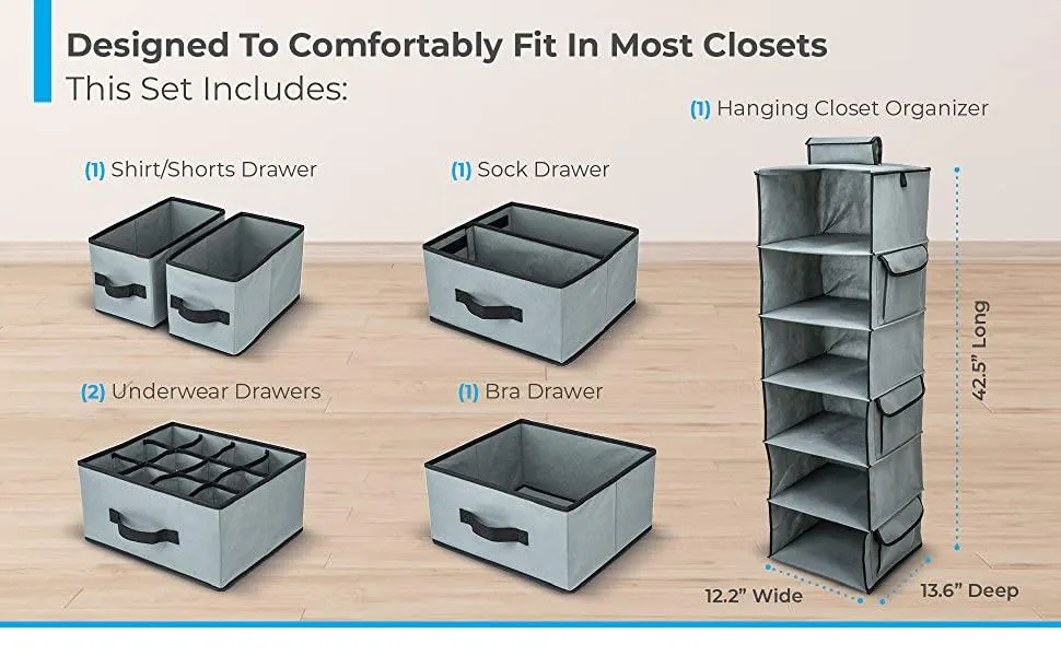 DOUBLE R BAGS Hanging Closet Organizer 6 Shelf and 5 Clothes Drawers Grey