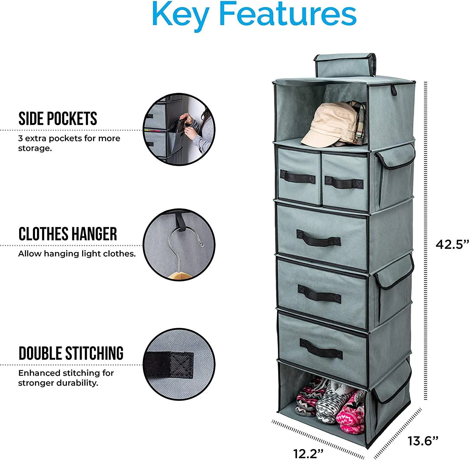 DOUBLE R BAGS Hanging Closet Organizer 6 Shelf and 5 Clothes Drawers Grey