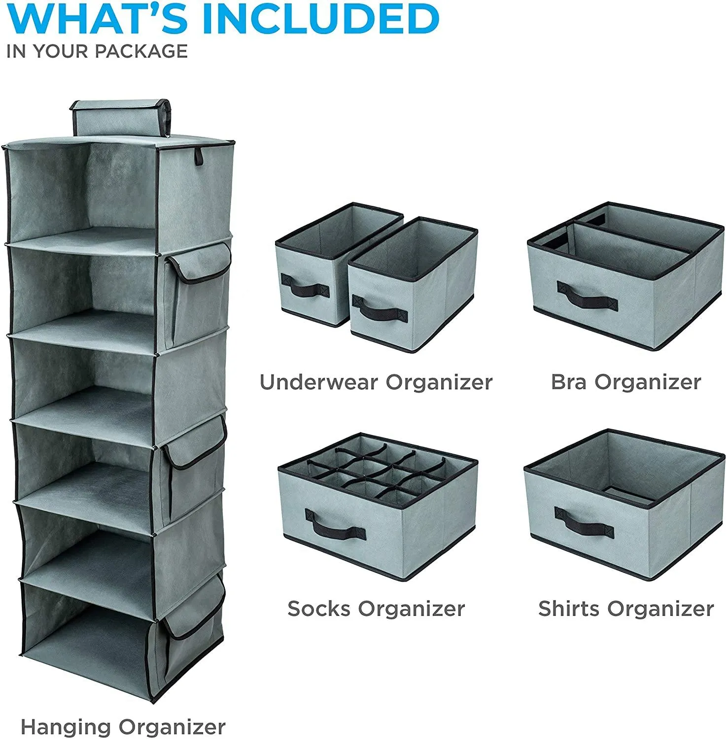 DOUBLE R BAGS Hanging Closet Organizer 6 Shelf and 5 Clothes Drawers Grey