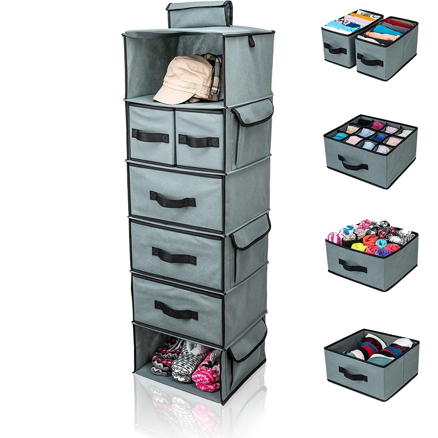 DOUBLE R BAGS Hanging Closet Organizer 6 Shelf and 5 Clothes Drawers Grey