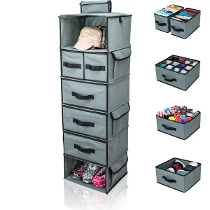 DOUBLE R BAGS Hanging Closet Organizer 6 Shelf and 5 Clothes Drawers Grey