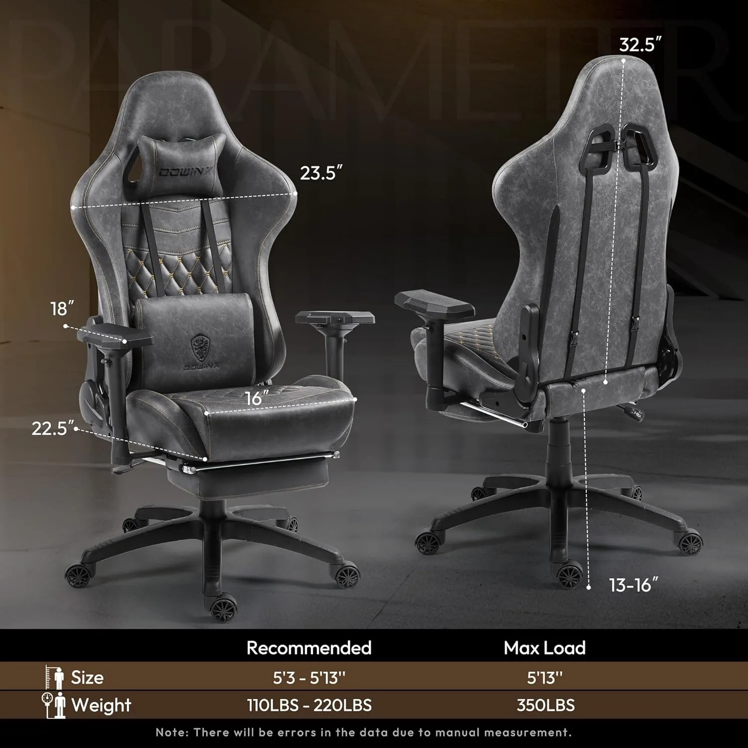 Dowinx Gaming Chair Big and Tall, Ergonomic Computer Chair with 4D Armrests and Footrest Massage Lumbar Support, High Back Comfortable Gamer Chair for Adults 350Lbs PU Leather for Office Game, Grey
