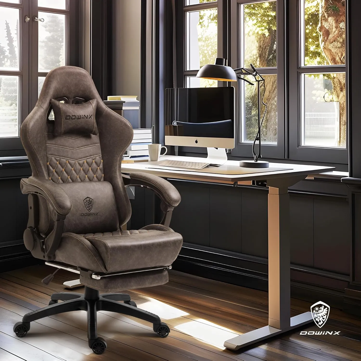 Dowinx Gaming Chair Big and Tall, Ergonomic Computer Chair with Footrest and Massage Lumbar Support, High Back Comfortable Gamer Chair for Adults 350Lbs PU Leather for Office Game, Brown