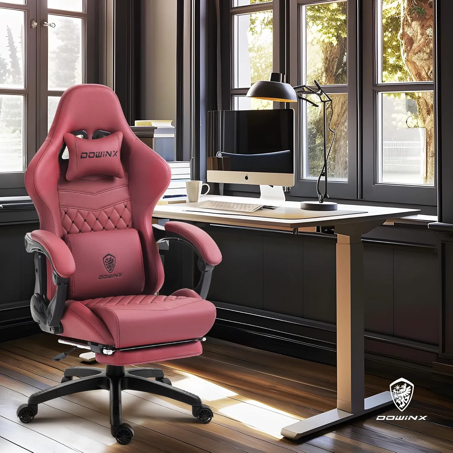 Dowinx Gaming Chair Big and Tall, Ergonomic Computer Chair with Footrest and Massage Lumbar Support, High Back Comfortable Gamer Chair for Adults 350Lbs PU Leather for Office Game, Red
