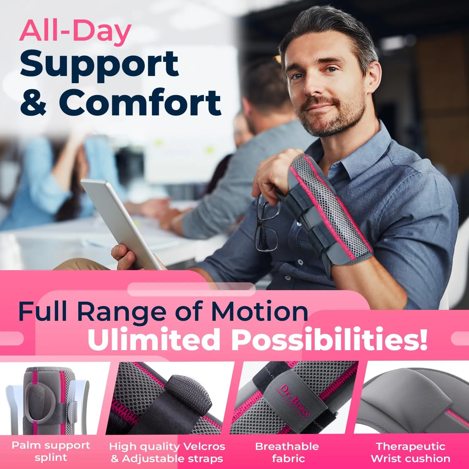 DR. BRACE Adjustable Wrist Brace Night Support for Carpal Tunnel, Doctor Developed, Upgraded with Double Splint & Therapeutic Cushion, Hand Brace For Pain Relief, Injuries, Sprains