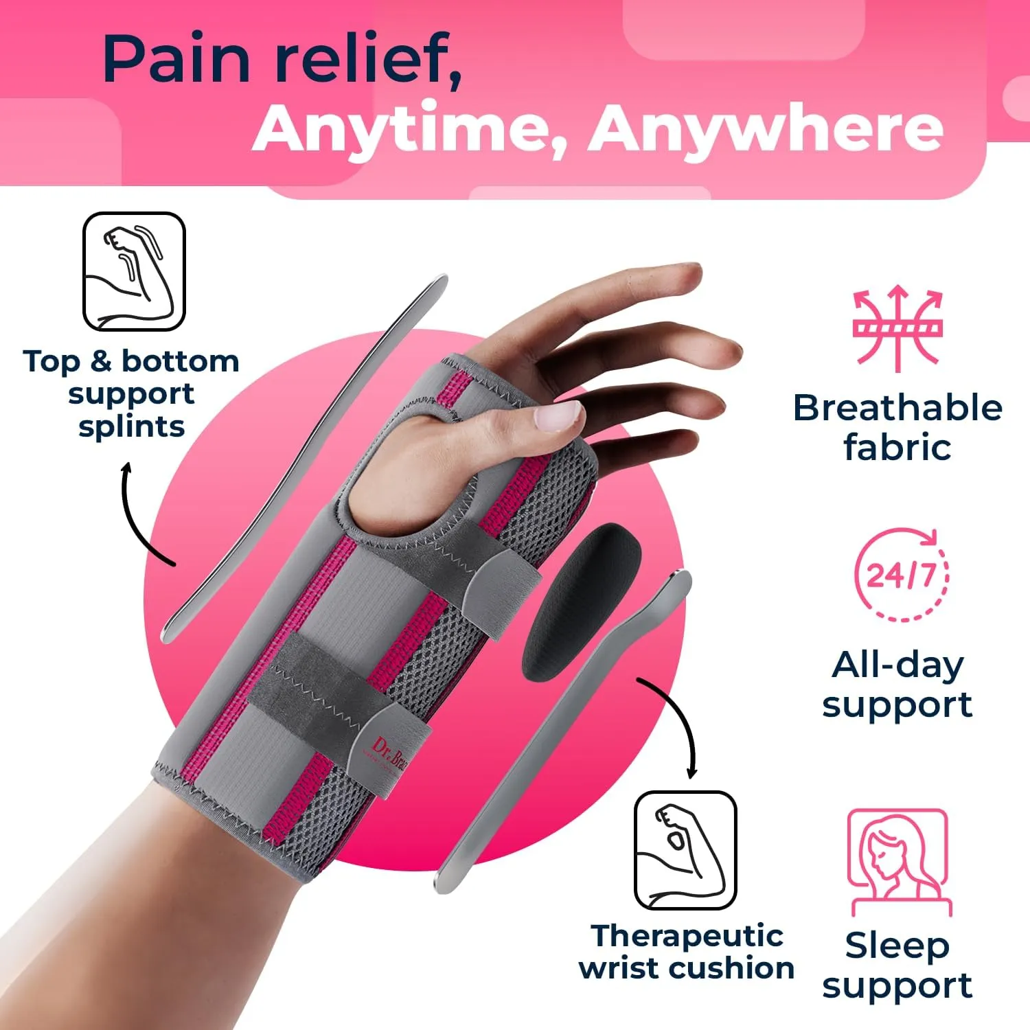 DR. BRACE Adjustable Wrist Brace Night Support for Carpal Tunnel, Doctor Developed, Upgraded with Double Splint & Therapeutic Cushion, Hand Brace For Pain Relief, Injuries, Sprains