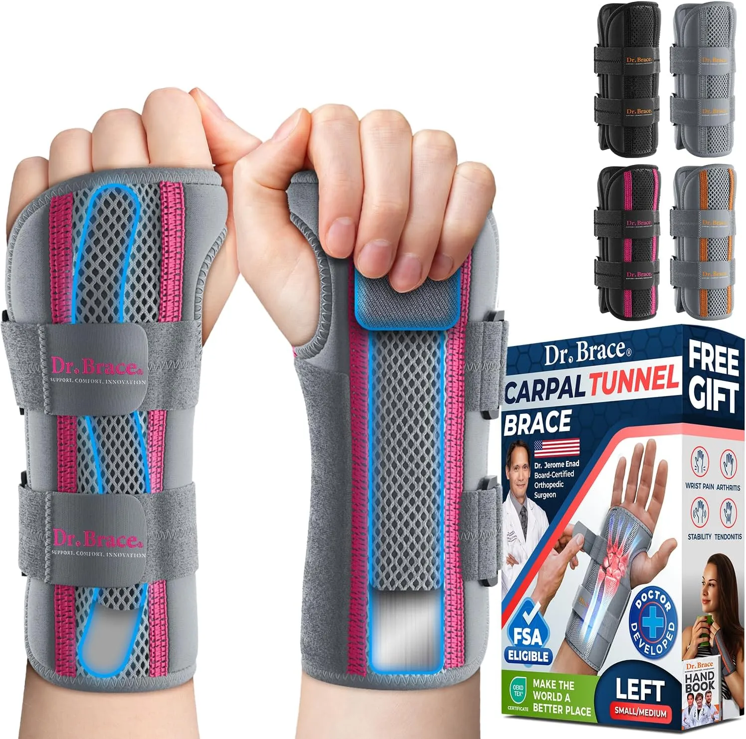 DR. BRACE Adjustable Wrist Brace Night Support for Carpal Tunnel, Doctor Developed, Upgraded with Double Splint & Therapeutic Cushion, Hand Brace For Pain Relief, Injuries, Sprains