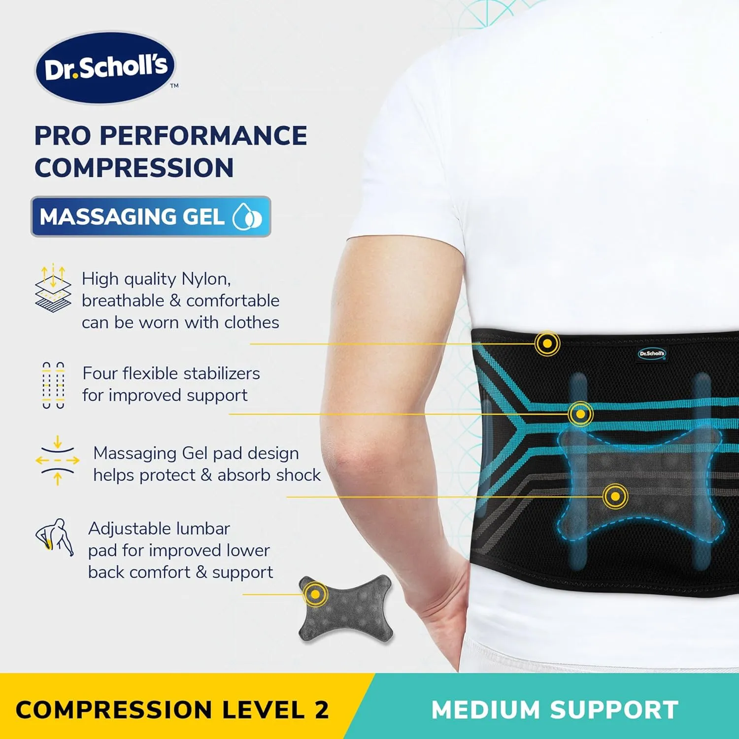 Dr. Scholl's Compression Back Support with Massaging Gel, Breathable Fabric, Shock-Absorbing Back Brace with Lumbar Support, Built-in Gel Padding & Support (Size L/XL)