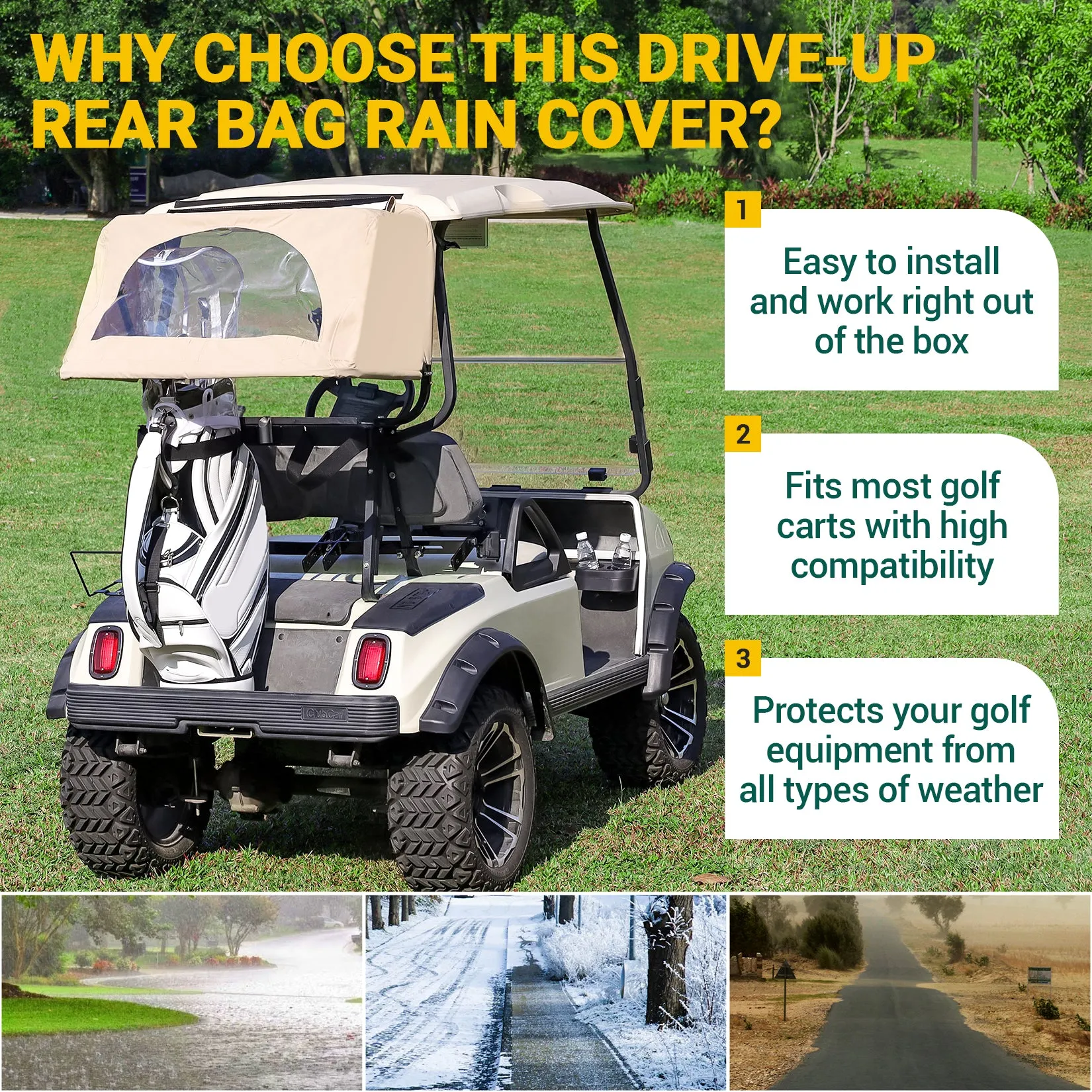 Drive-up Golf Cart Universal Rear Bag Rain Cover, Foldable Rain Cover - Beige