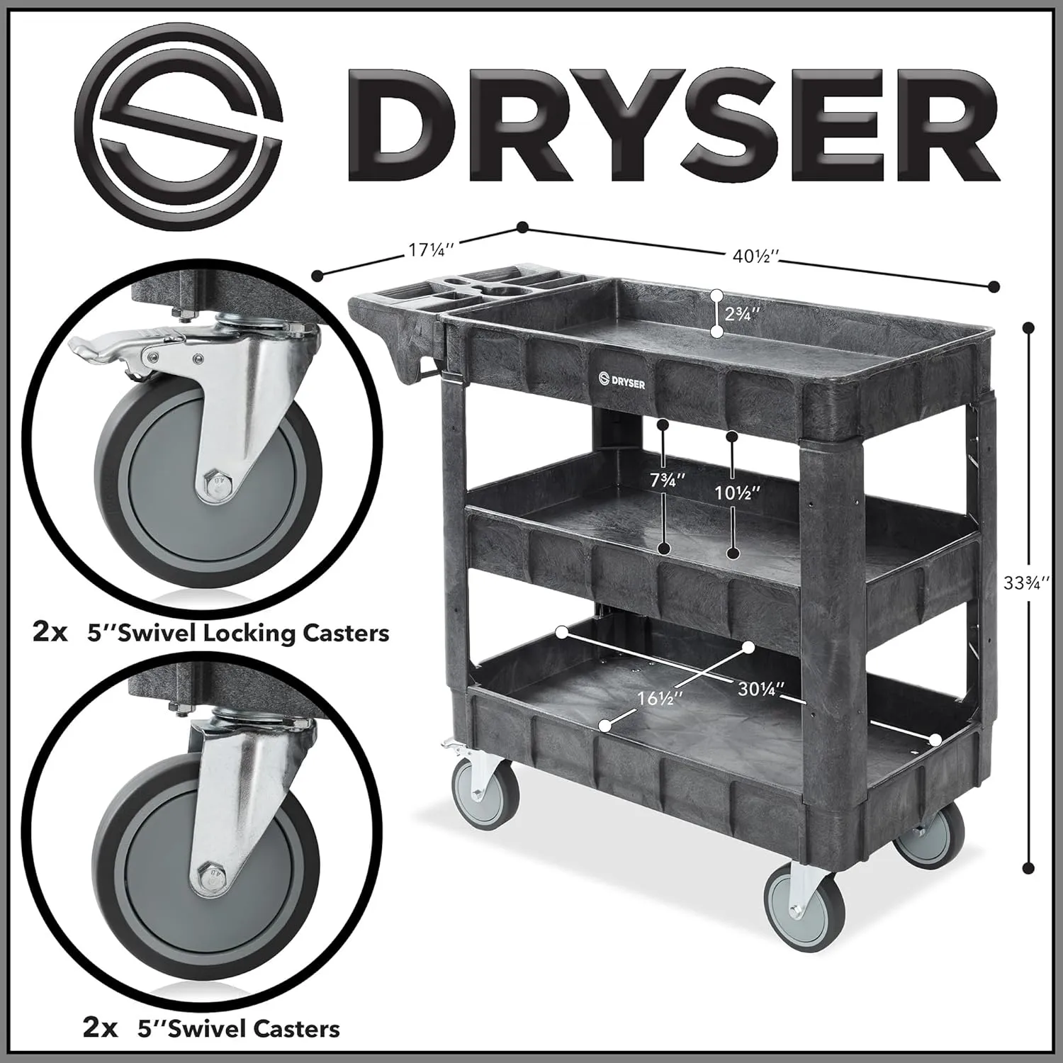 Dryser Utility Cart with Wheels, 40" x 17" Heavy Duty 550 lb. Capacity with Shelves - 3 Tier Rolling Cart with Four 5" Swivel Casters for Warehouse, Garage, Cleaning
