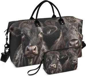 Duffel Bag Set with Toiletry Bag for Travel Gym Sport, Luggage Sleeve Weekender Bag Carry on Overnight Bag-Black Cattle Print