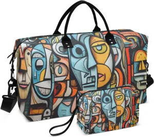 Duffel Bag Set with Toiletry Bag for Travel Gym Sport, Luggage Sleeve Weekender Bag Carry on Overnight Bag-Cubism Graffiti Print