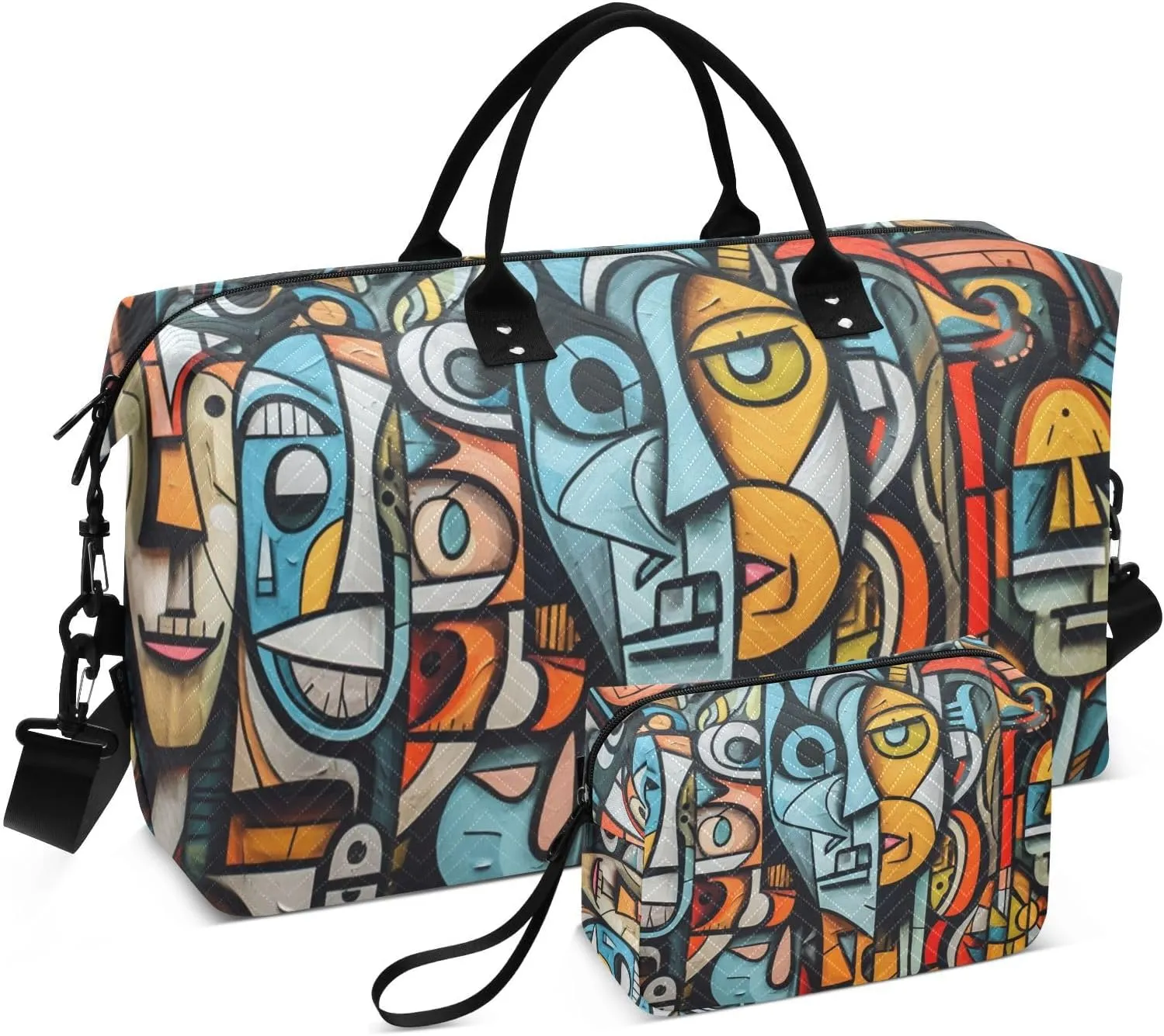 Duffel Bag Set with Toiletry Bag for Travel Gym Sport, Luggage Sleeve Weekender Bag Carry on Overnight Bag-Cubism Graffiti Print