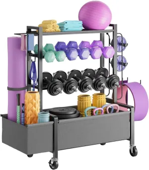 Dumbbell Rack, Weight Rack for Home Gym Dumbbells Up To 370lb, All in One Home Gym Storage with Adjustable Weight Holder & Wheels for Dumbbell Kettlebell Yoga Mat Ball