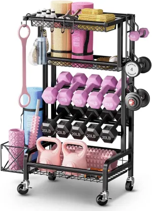 Dumbbell Rack, Weight Rack for Home Gym Equipment, 5 Tiers Workout Organizer for Home Gym with Wheels and Hooks for Yoga Mats, Foam Roller, Dumbbells, Kettlebells, and Resistance Bands