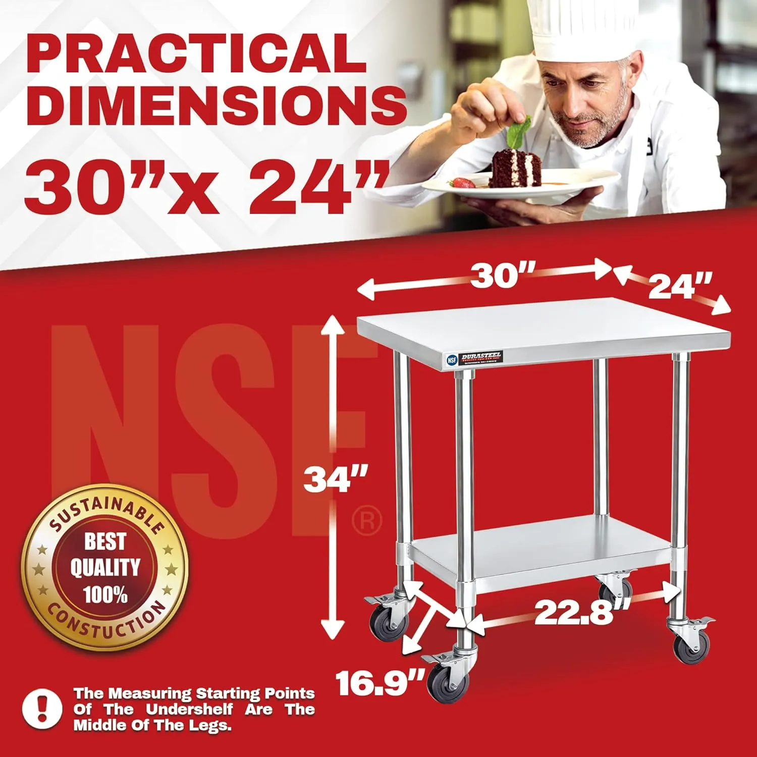 DuraSteel 30x24 NSF Stainless Steel Cart - Heavy Duty Rolling Food Prep Table with Undershelf - Metal Utility Cart for Commercial Restaurant Kitchen, Laundry, Grill Stand of Pizza Oven