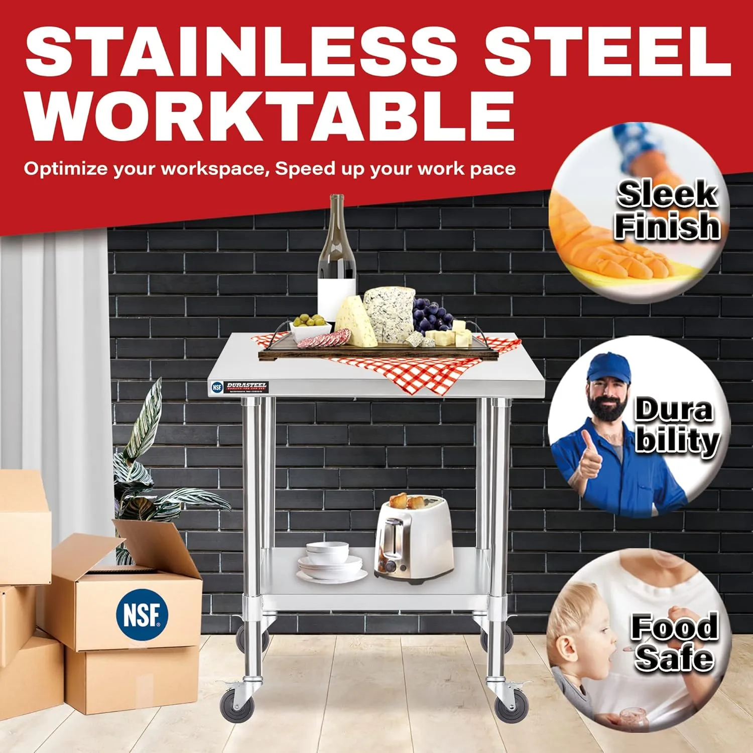 DuraSteel 30x24 NSF Stainless Steel Cart - Heavy Duty Rolling Food Prep Table with Undershelf - Metal Utility Cart for Commercial Restaurant Kitchen, Laundry, Grill Stand of Pizza Oven