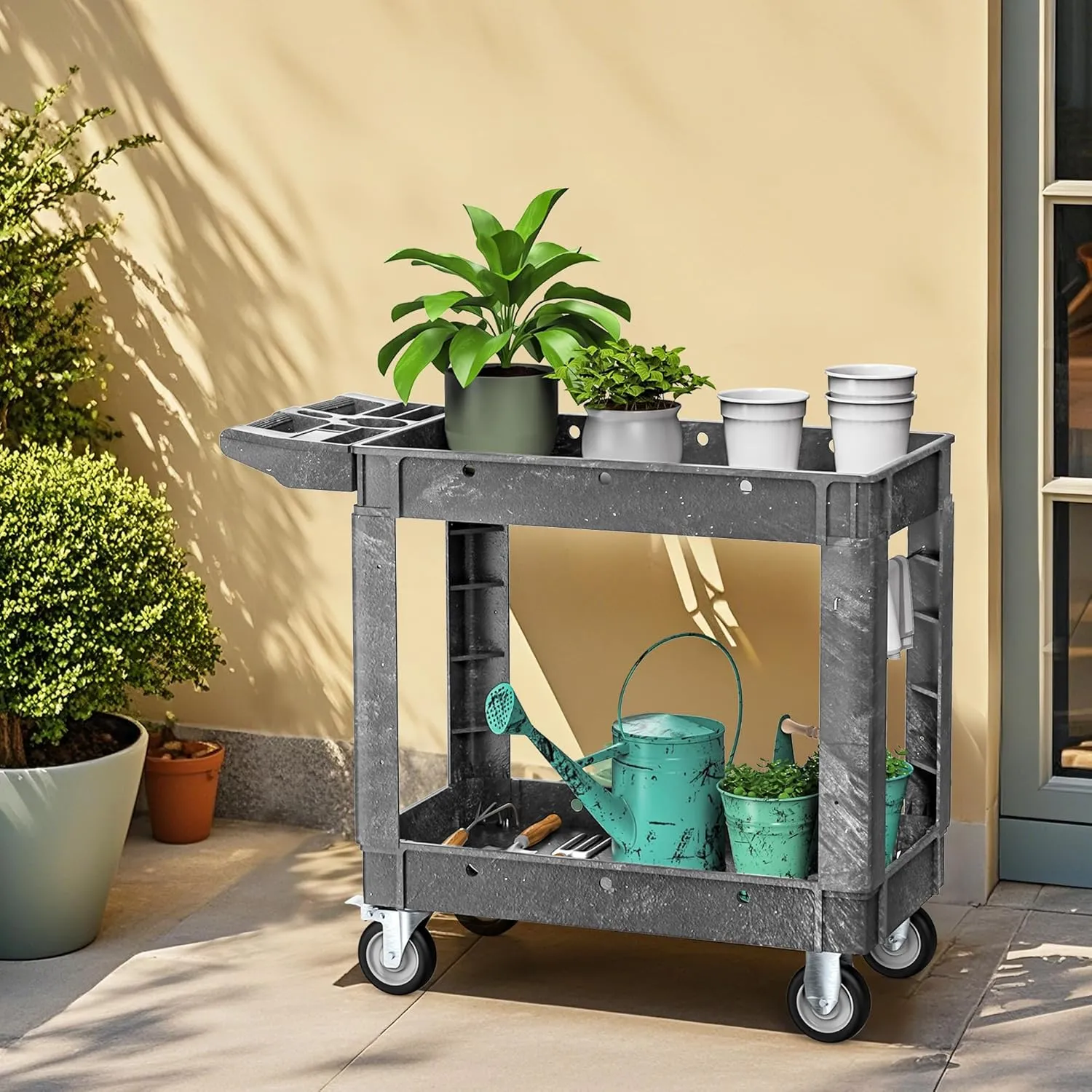 DWVO Utility Cart, 1000 lbs Capacity, 2 Shelf Heavy Duty Plastic Service Utility Cart on Wheels, Rolling Storage Work Carts Suitable for Warehouse, Garage, School & Office, Cleaning, Gray