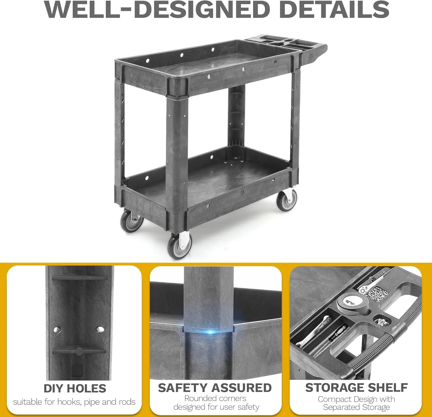 DWVO Utility Cart, 1000 lbs Capacity, 2 Shelf Heavy Duty Plastic Service Utility Cart on Wheels, Rolling Storage Work Carts Suitable for Warehouse, Garage, School & Office, Cleaning, Gray