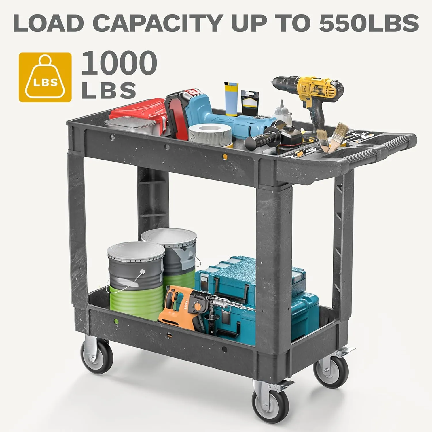 DWVO Utility Cart, 1000 lbs Capacity, 2 Shelf Heavy Duty Plastic Service Utility Cart on Wheels, Rolling Storage Work Carts Suitable for Warehouse, Garage, School & Office, Cleaning, Gray