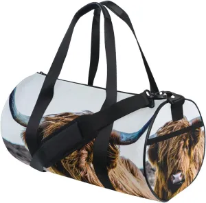 Earth-yellow Scottish Highland Cow Vintage Style Duffel Bag, Foldable Canvas Travel Tote for Gym Sports with Inner Pockets, Durable Lightweight Fitness Bag for Overnight Workout