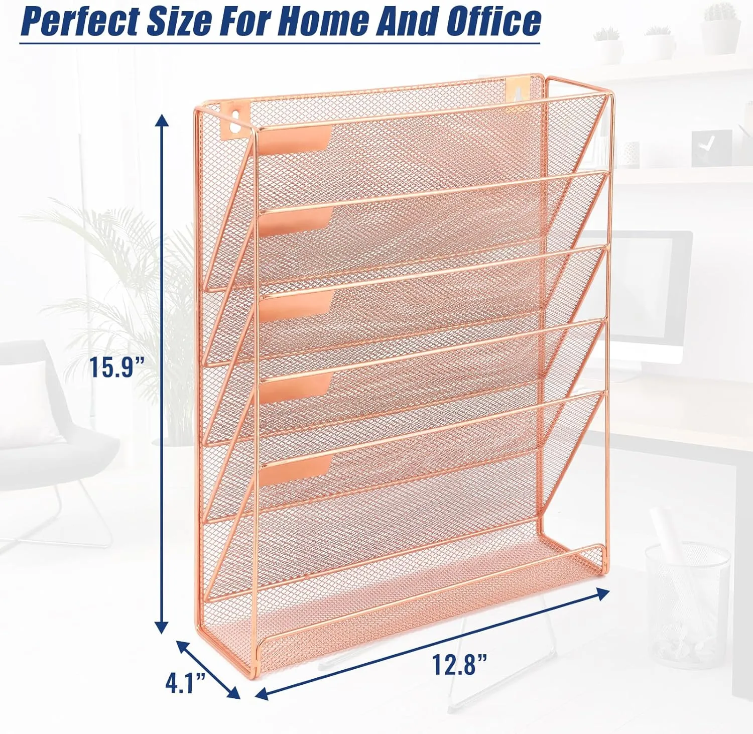EASEPRES Desk File Organizer Mesh 6-Tier, Hanging Wall Mount Document Organization Stand, Desktop Vertical Mail Paper Folder Holder Rack with Bottom Tray for Office Home Cubicle Countertop, Rose Gold