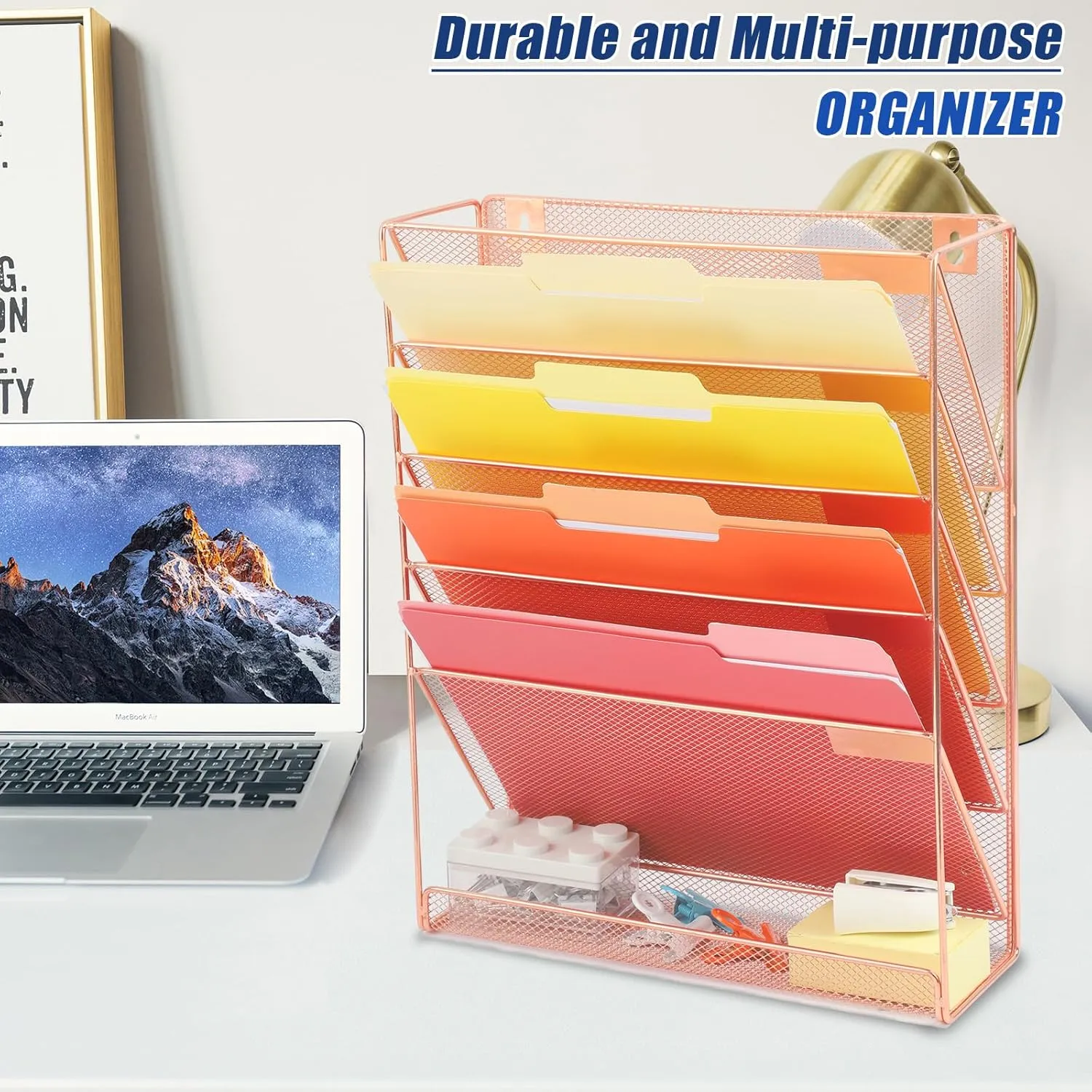 EASEPRES Desk File Organizer Mesh 6-Tier, Hanging Wall Mount Document Organization Stand, Desktop Vertical Mail Paper Folder Holder Rack with Bottom Tray for Office Home Cubicle Countertop, Rose Gold