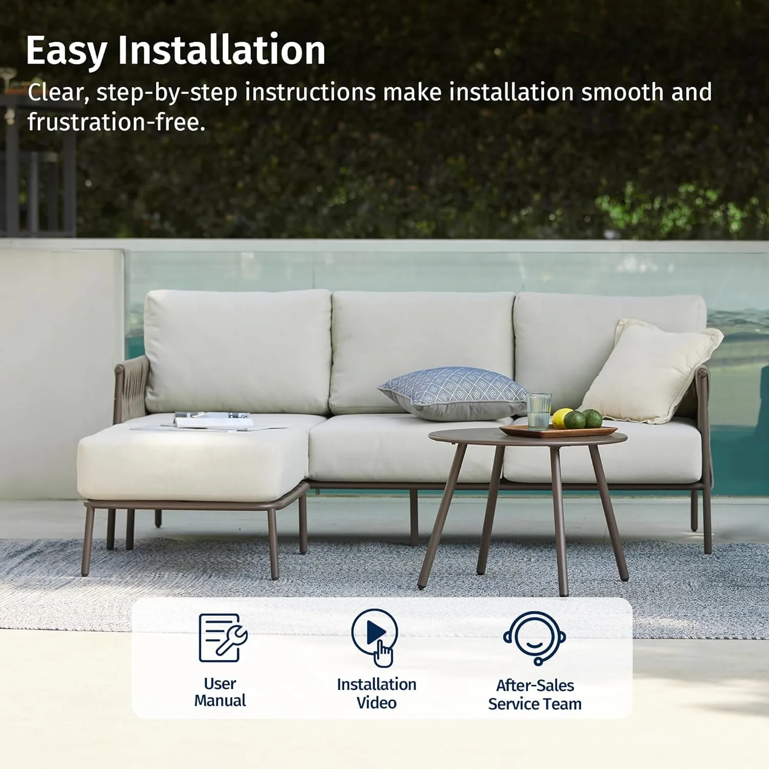 EAST OAK 3-Piece Patio Furniture Set | Life Chatter 4-Seat Outdoor Furniture | Sectional Sofa Set with Round Coffee Table | Deep Seating Sofa with Thick & Washable Cushions | Chestnut & Apricot