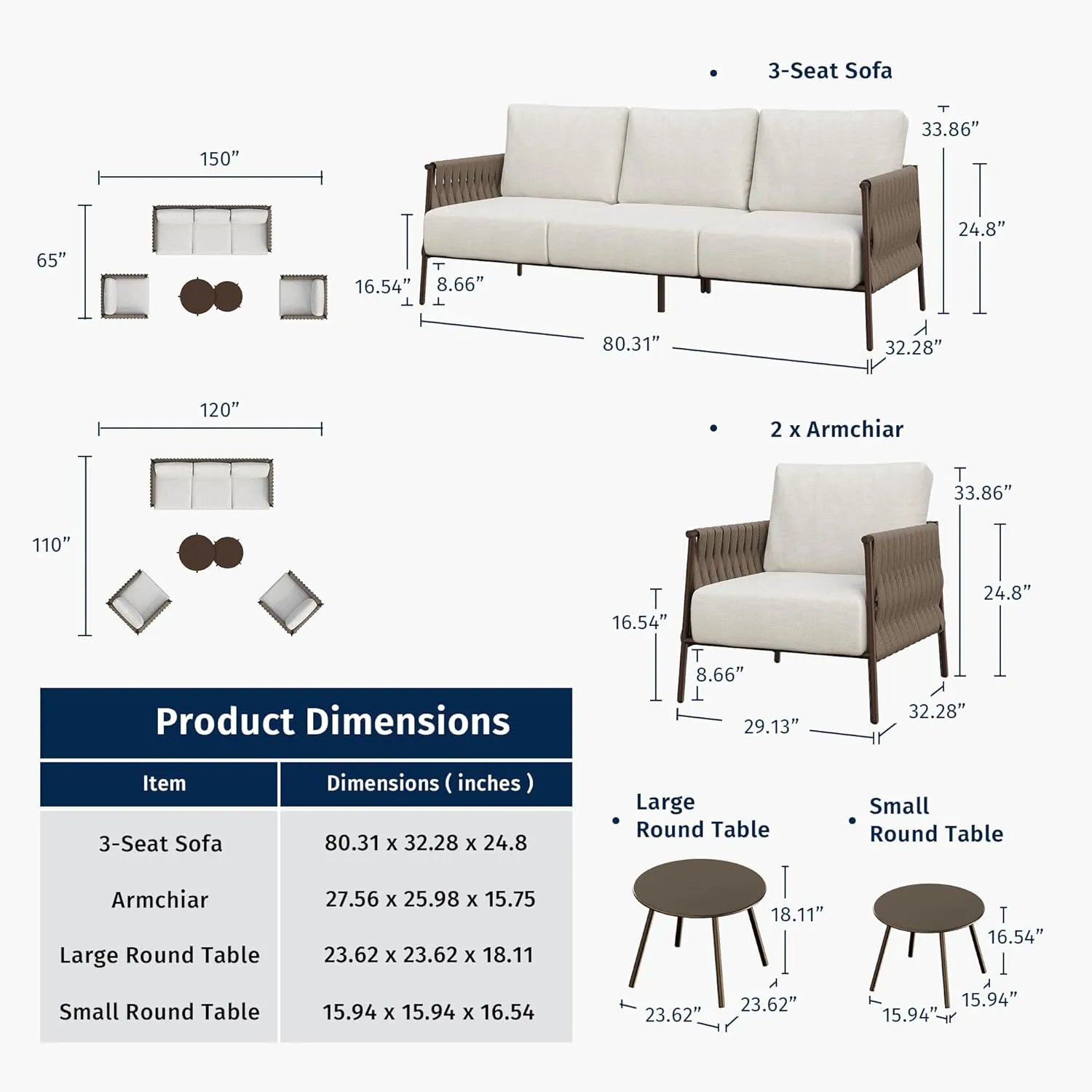 EAST OAK 5-Piece Patio Furniture Set | Life Chatter 5-Seat Outdoor Furniture | Deep Seating & Two Coffee Tables | Waterproof Extra-Thick Cushions | Porch, Balcony & Backyard | Chestnut & Apricot