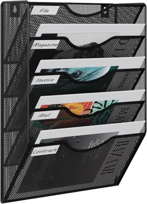 EasyPAG Wall File Holder 5 Pocket Mesh Hanging Wall Organizer Vertical Hanging File Folder Holder Magazine Rack with Nametag Label for Mail Paper Organization,Black