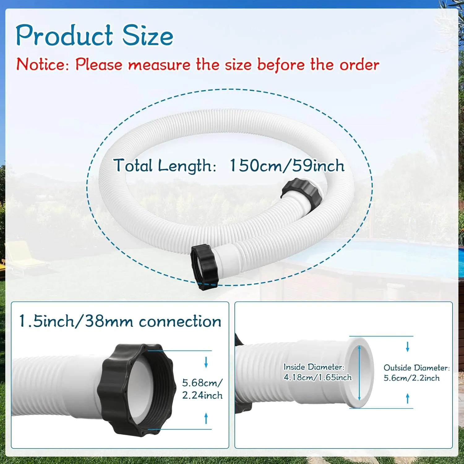 eBoot 2 Pcs 29060e Above Ground Pool Hoses 1.5" Diameter 59" Long Swimming Pool Pump Hose Replacement for Filter Pump, Saltwater System, Sand Filters Accessories(White)