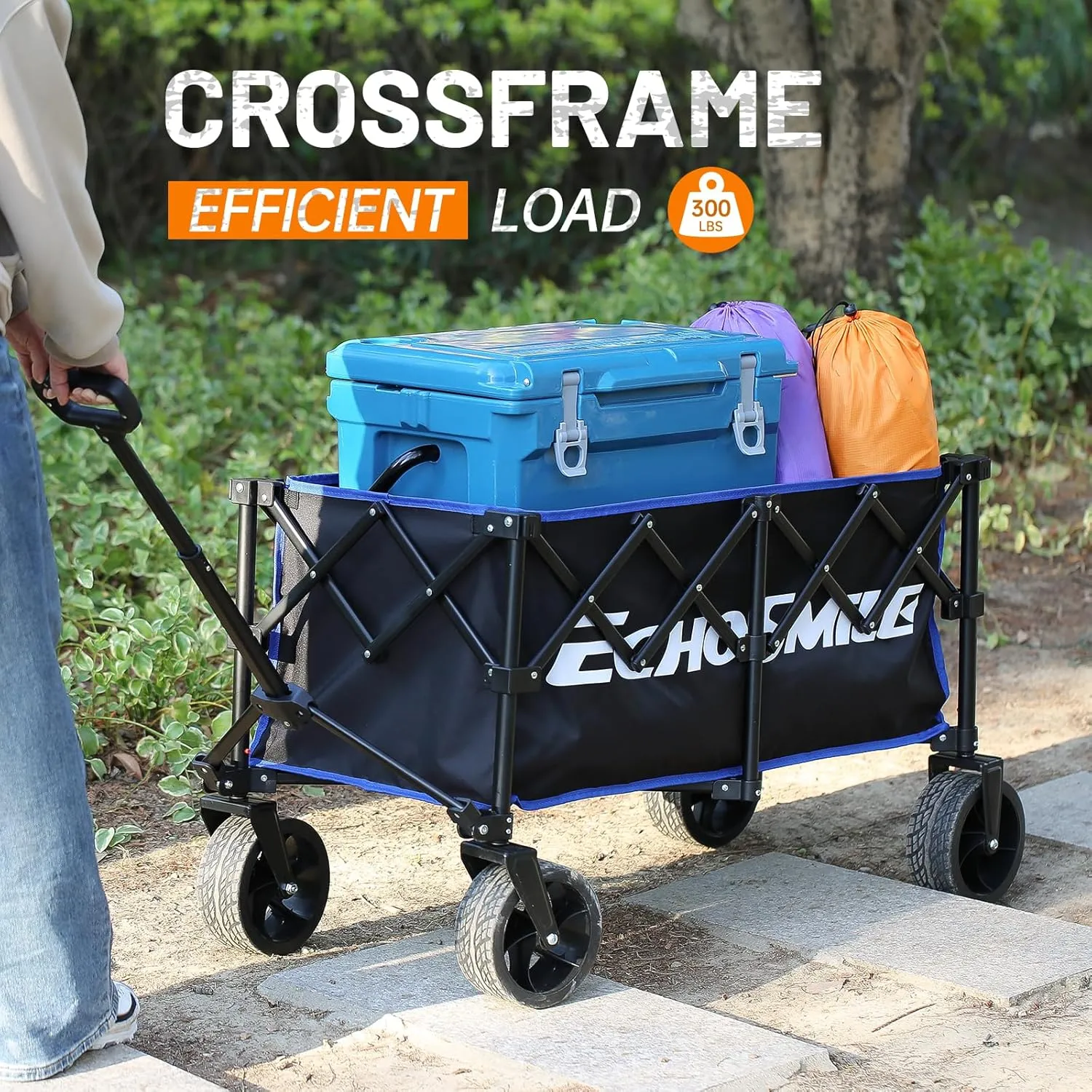 EchoSimle Folding Wagon Cart with All-Terrain Wide Wheels, Heavy Duty Garden Cart with 300lbs Capacity,Portable Lightweight Rolling Wagon Cart for Camping Beach Sports Shopping,Black Blue