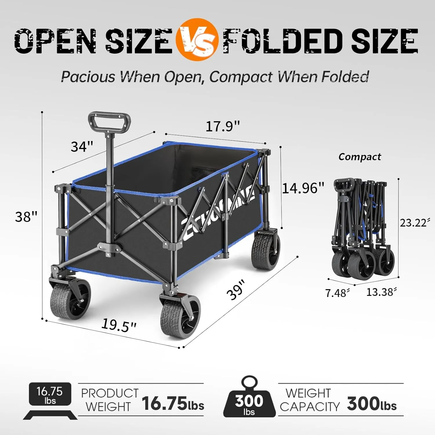 EchoSimle Folding Wagon Cart with All-Terrain Wide Wheels, Heavy Duty Garden Cart with 300lbs Capacity,Portable Lightweight Rolling Wagon Cart for Camping Beach Sports Shopping,Black Blue