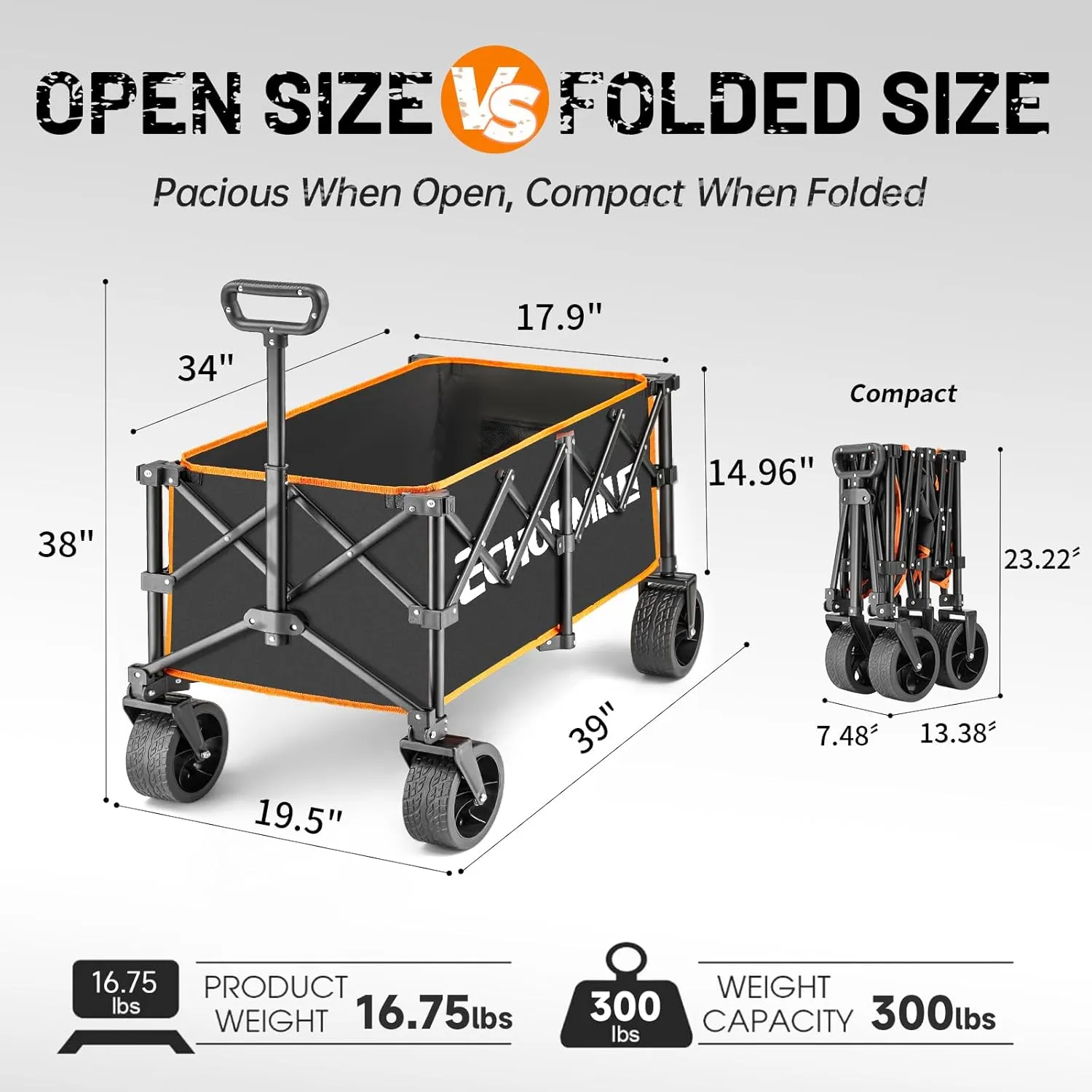 EchoSimle Folding Wagon Cart with All-Terrain Wide Wheels, Heavy Duty Garden Cart with 300lbs Capacity,Portable Lightweight Rolling Wagon Cart for Camping Beach Sports Shopping,Black Orange