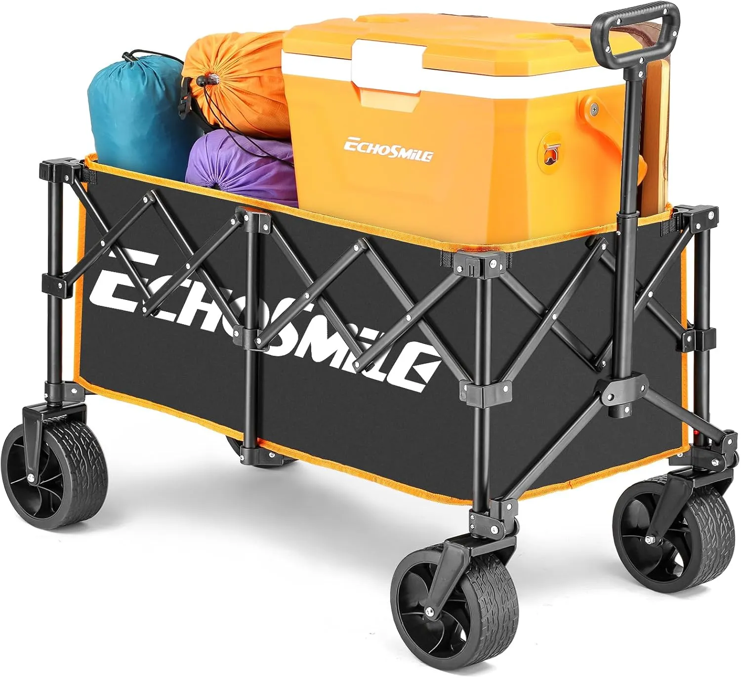 EchoSimle Folding Wagon Cart with All-Terrain Wide Wheels, Heavy Duty Garden Cart with 300lbs Capacity,Portable Lightweight Rolling Wagon Cart for Camping Beach Sports Shopping,Black Orange