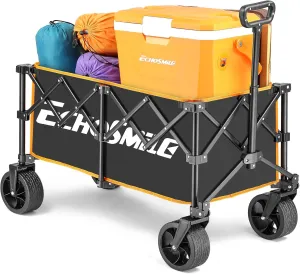 EchoSimle Folding Wagon Cart with All-Terrain Wide Wheels, Heavy Duty Garden Cart with 300lbs Capacity,Portable Lightweight Rolling Wagon Cart for Camping Beach Sports Shopping,Black Orange