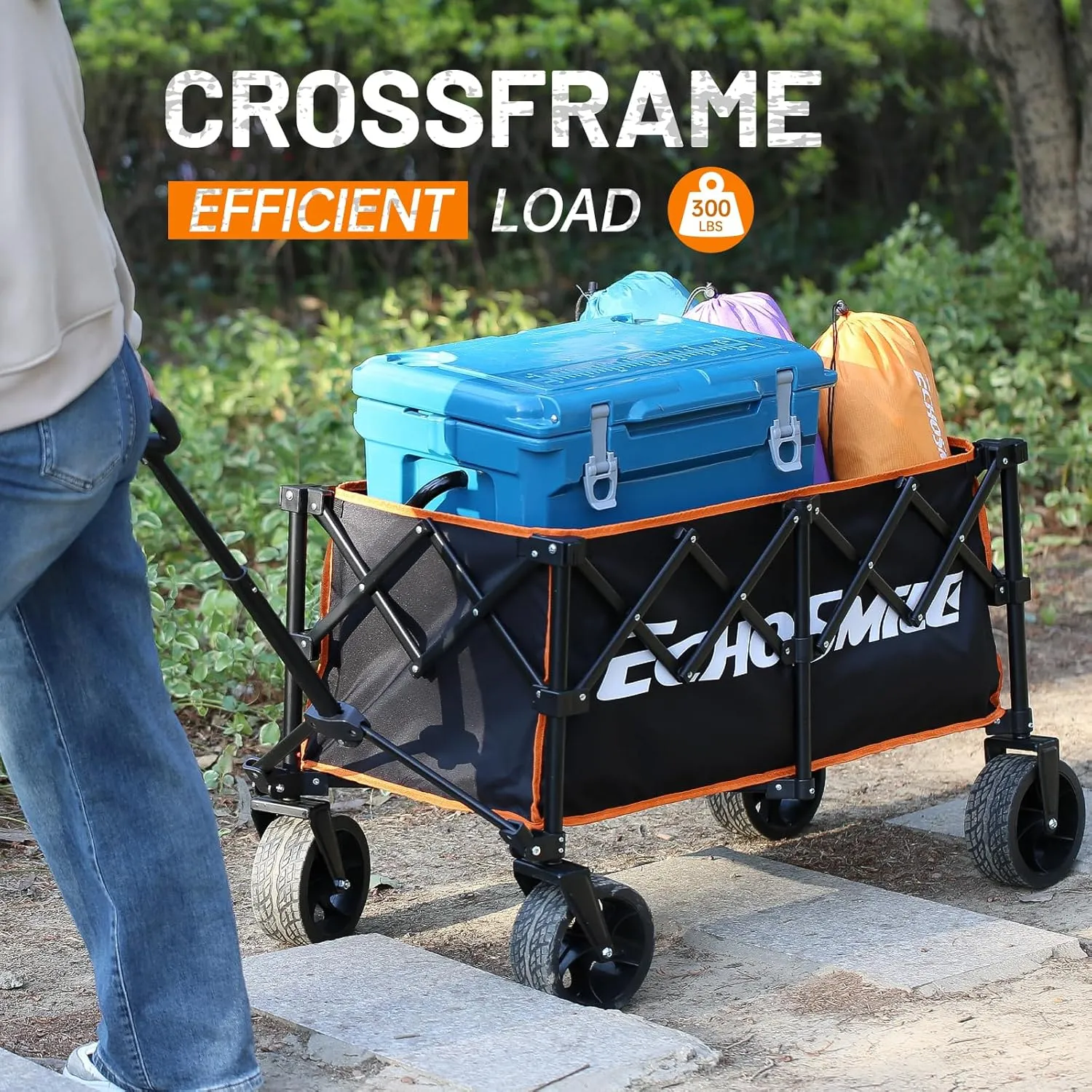 EchoSimle Folding Wagon Cart with All-Terrain Wide Wheels, Heavy Duty Garden Cart with 300lbs Capacity,Portable Lightweight Rolling Wagon Cart for Camping Beach Sports Shopping,Black Orange