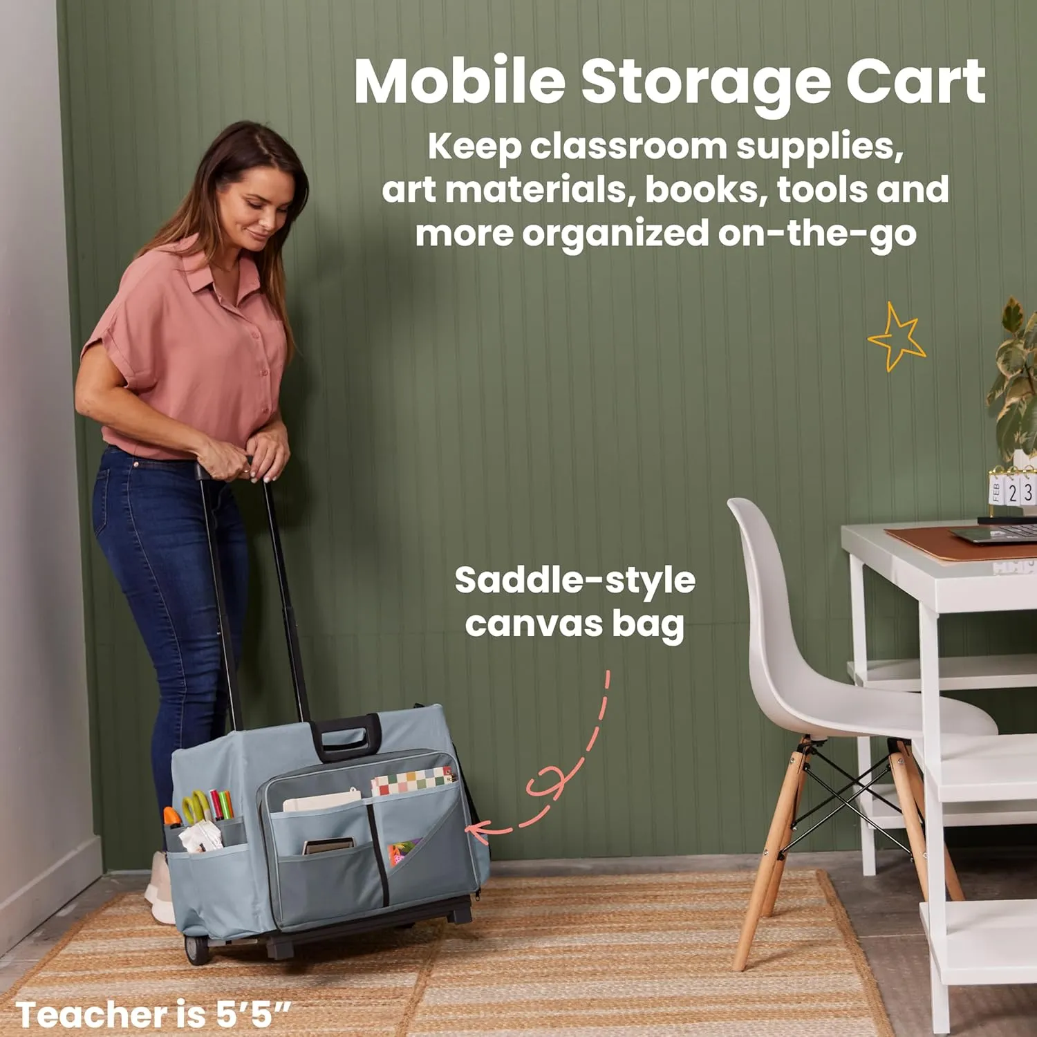ECR4Kids Universal Rolling Cart with Canvas Organizer Bag, Mobile Storage, Dark Grey/Grey