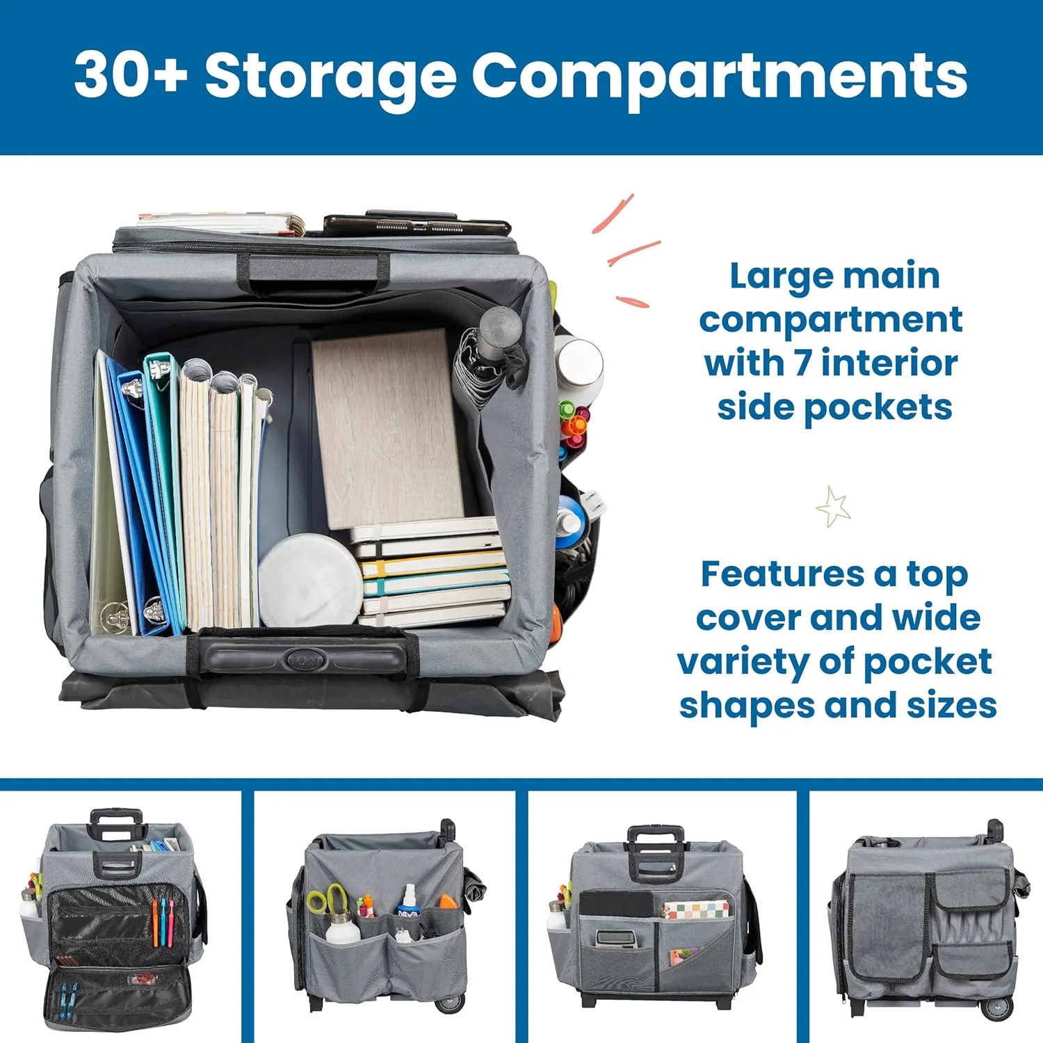 ECR4Kids Universal Rolling Cart with Canvas Organizer Bag, Mobile Storage, Dark Grey/Grey
