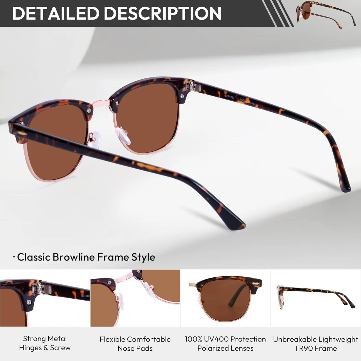EFE Classic Oversized Polarized Sunglasses for Women Composite TR90 Frame UV 400 Protection Fashion Retro Eyewear
